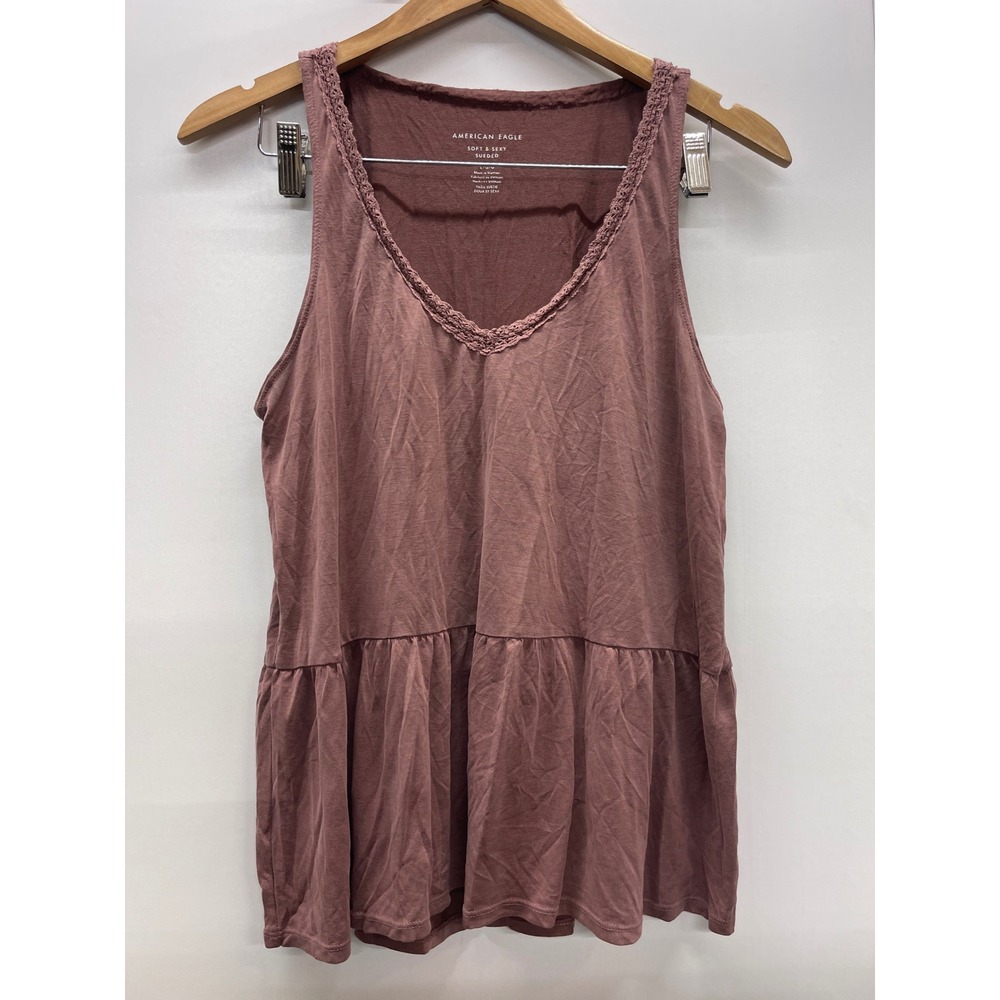 American Eagle Soft & Sexy Sueded Lace Trim Peplum Tank Top Mauve Large